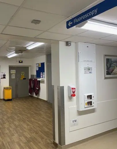 Entrance and sign to the fluoroscopy department and X-ray room