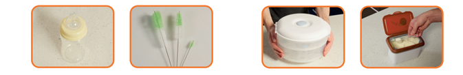 Formula milk equipment - bottle, bottle brushes, steriliser and formula powder