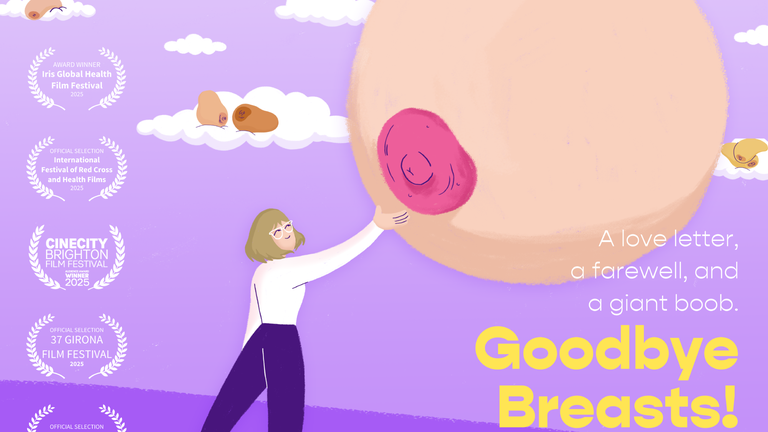 An illustration of a woman touching a giant boob