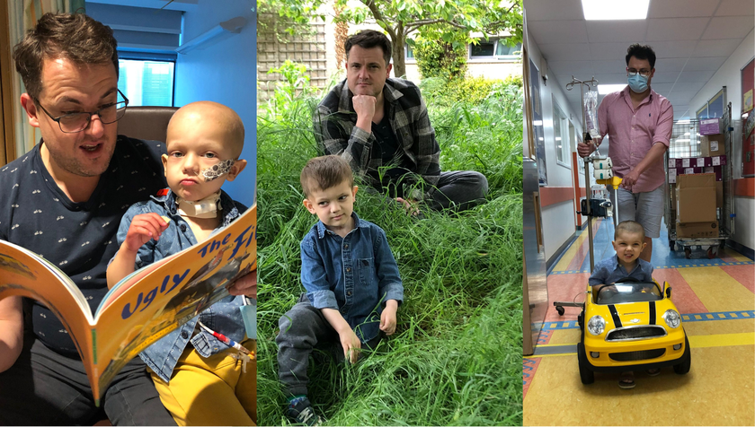 Three photos showing a man with brown hair and glasses caring for a little boy who has cancer.