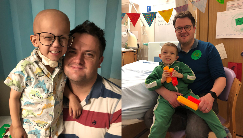 A little boy who has cancer wearing his dad's huge glasses and a beaming smile, being held by his dad who is smiling. In the other photo the little boy is sitting happily on his dad's lap in a hospital room