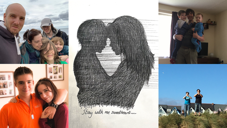 A montage of images showing a sketch of a mother and son, with photos of family life around it