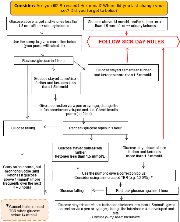 Flowchart for managing high blood glucose and ketone levels with an insulin pump: check glucose and ketone levels, give correction boluses, recheck levels, and follow sick day rules.