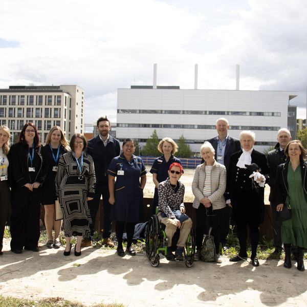 A group of people overlooking a hospital and a building site