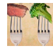 Image of steak on a fork and broccoli on another fork