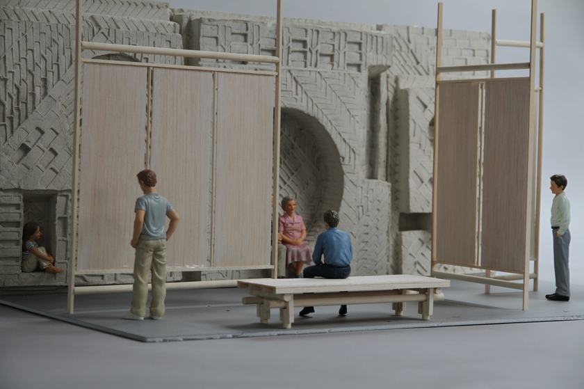 Clay model of art sculpture and exhibition screen