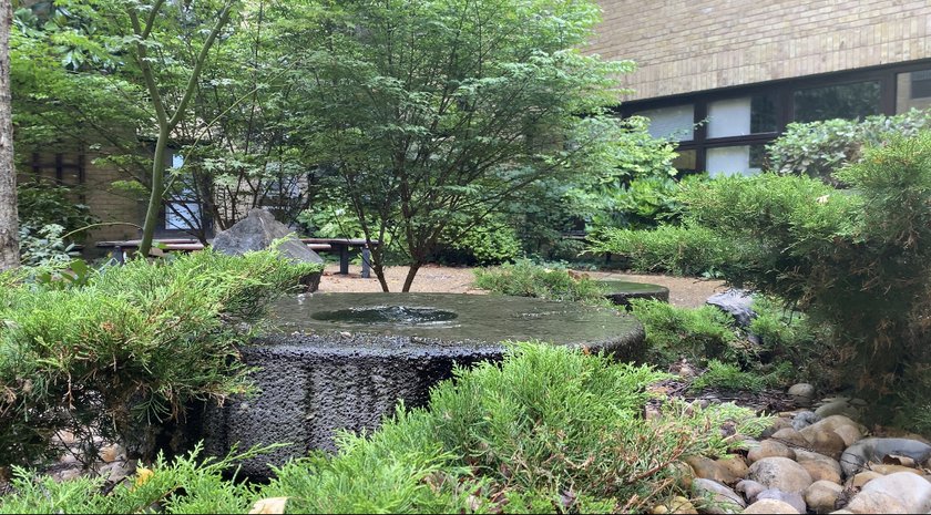 A photo of a water fountain in the Japanese garden
