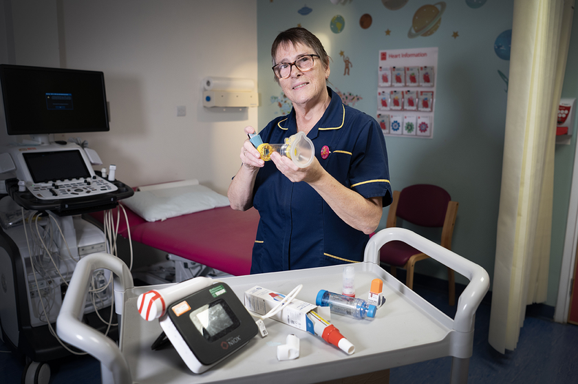 Jenny Pool with the tools of her trade, asthma equipment etc