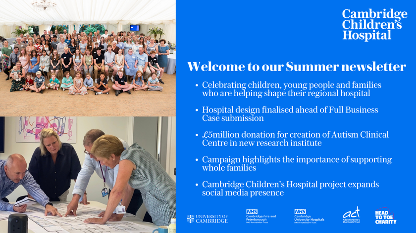 An infographic saying welcome to the summer newsletter with images of a large group of children and adults in a marquee and a photo of four people looking at architect floor plans on a table