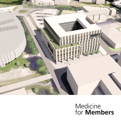 Artist's impression of Cambridge Cancer Hospital. Text reads 'Medicine for Members'