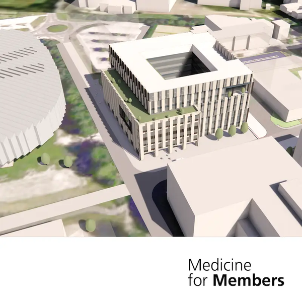 Artist's impression of Cambridge Cancer Hospital. Text reads 'Medicine for Members'