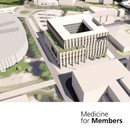 Artist's impression of Cambridge Cancer Hospital. Text reads 'Medicine for Members'