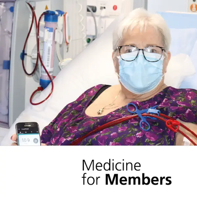 A patient in a hospital bed testing the artificial pancreas, showing readings on a mobile device. Text reads 'An artificial pancreas for people with type 2 diabetes - is this the future?' 'Medicine for Members'