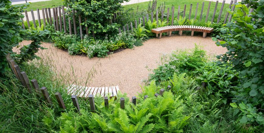 An above shot of the NHS 70 garden, showing the winding path