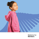 A young girl in a pink hoody, smiling, against a light blue background with a dark blue figure of a genetic strand. The NHS CUH logo is in the top right corner and text below reads 'Medicine for Members'