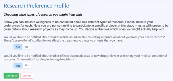 Screenshot of a Research Preference Profile on MyChart with options to choose what types of research a patient might help with