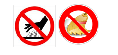 Two illustrations with a do not symbol for sweeping and being near heat