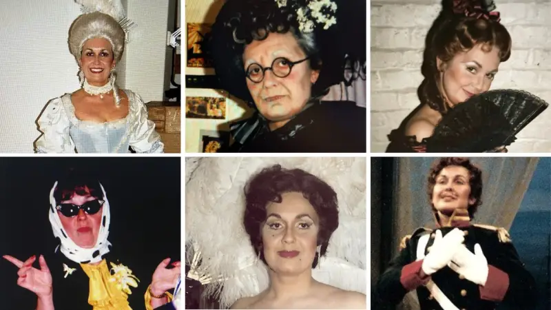 A grid of six photographs showing Janine throughout her career in different on stage roles ranging from a young man in uniform to an old woman in black and from historic to modern costumes