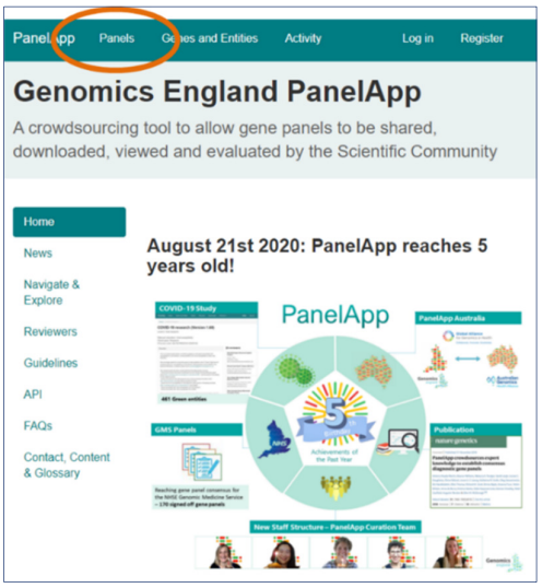 Panels can be accessed from the top of the PanelApp homepage