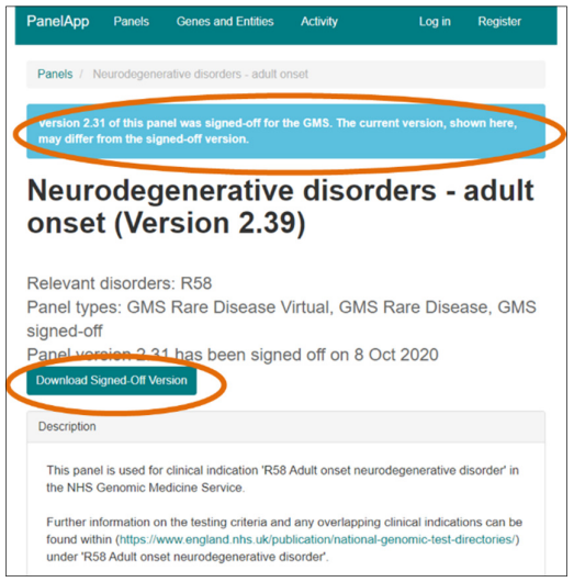 The blue box indicates that a panel is associated with the national genomic test directory
