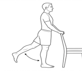 Standing leg lift exercise using a chair for balance, with one leg extended straight backward.