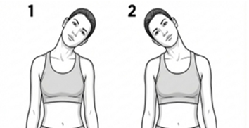 Neck side bend stretch, gently tilting the head toward one shoulder and then the other while keeping the shoulders relaxed.