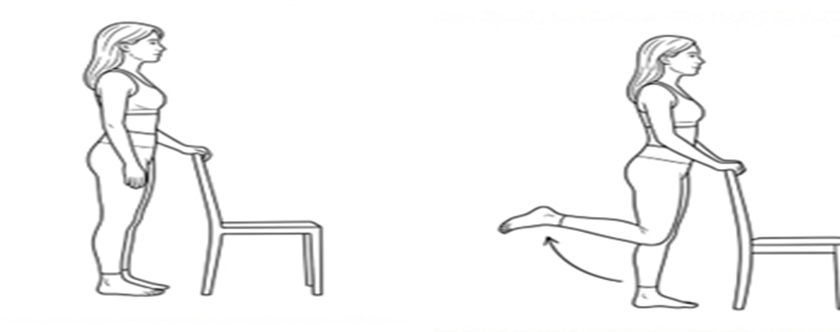 Standing hamstring curl exercise using a chair for support, bending one knee to lift the foot behind the body.