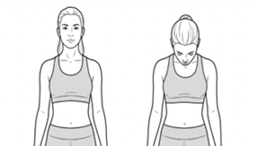Neck flexion stretch, gently lowering the chin toward the chest while sitting or standing upright.