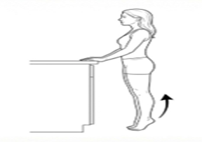Standing calf raise exercise using a counter for support, lifting the heels off the floor.