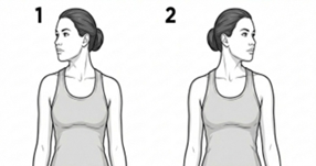 Neck rotation stretch, slowly turning the head to look over one shoulder and then the other while keeping the shoulders relaxed.