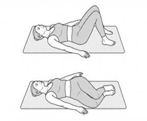 Lower trunk rotation exercise, lying on the back with knees bent and moving both knees to one side.