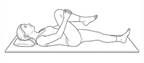 Knee-to-chest stretch, lying on the back and pulling one knee toward the chest while the other leg remains extended.