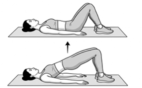 Glute bridge exercise, raising the hips off the floor while lying on the back with knees bent and feet flat.