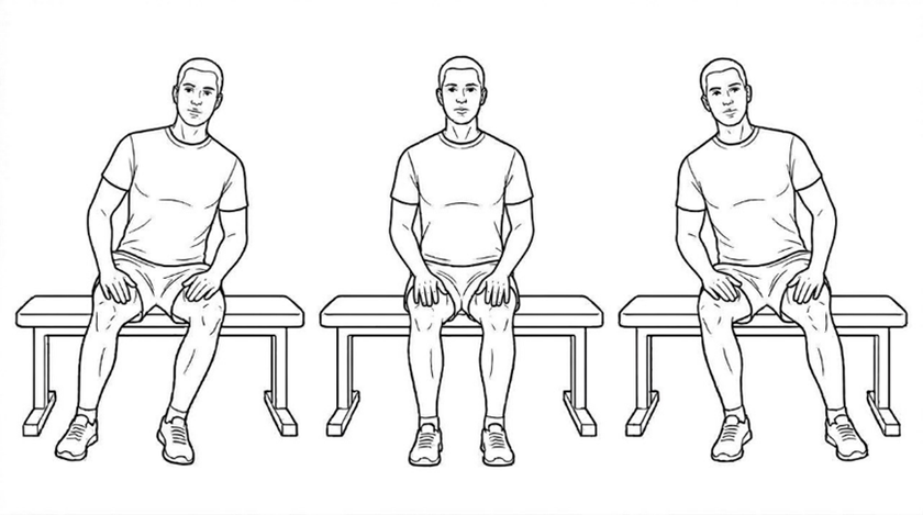 Seated side bend stretch, leaning the upper body to each side while sitting on a bench.