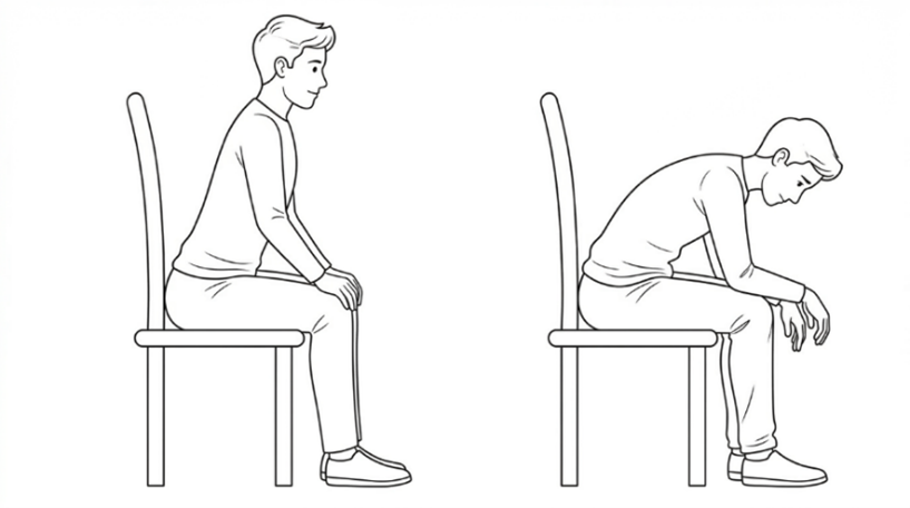 Seated spinal flexion stretch, bending forward from a chair with the head and shoulders relaxed.