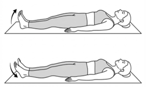 Person lying on their back performing ankle exercises, alternating between lifting the toes upward (dorsiflexion) and pointing the toes downward (plantarflexion).