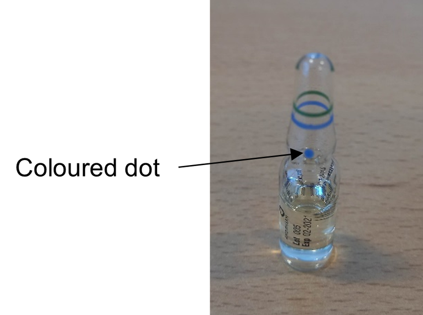 Hydro ampoule with 'coloured dot' labelled