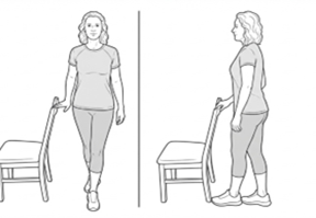 Standing balance exercise using a chair for support, crossing one foot in front of the other while standing.