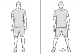 Side-stepping exercise, standing with feet apart and stepping one foot out to the side.