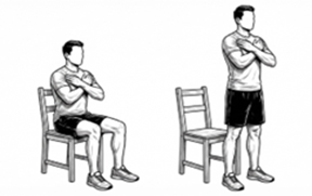 Sit-to-stand exercise, rising from a chair to a standing position with arms crossed over the chest.