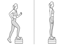 Step-up exercise, stepping onto a raised platform and standing upright with both feet on the step.