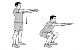 Bodyweight squat exercise, lowering into a squat with arms extended forward and then returning to standing.