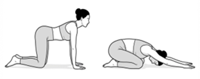 Child’s pose stretch, moving from hands and knees into a seated stretch with arms extended forward.