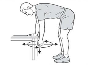 Standing trunk rotation exercise, bending forward with one hand on a table and rotating the torso side to side.