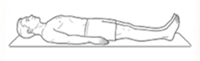Person lying flat on their back with legs extended, demonstrating the starting position for a lower-limb exercise.