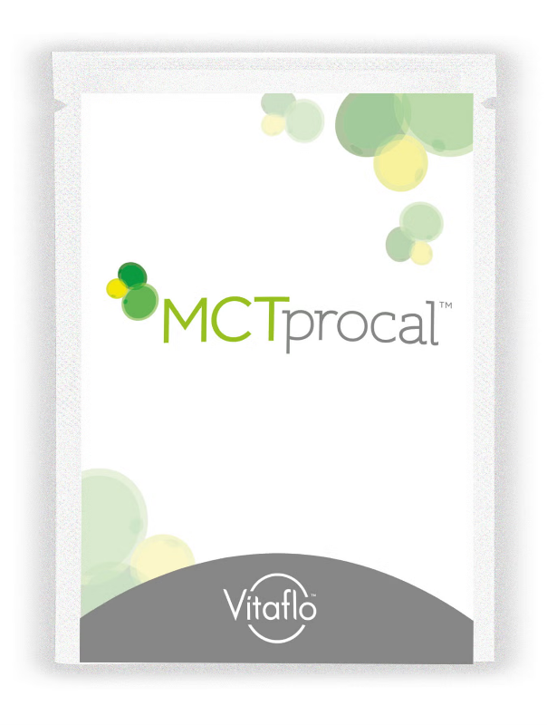 Packet labeled “MCTprocal™” by Vitaflo, with green and yellow circular graphics on a white background. Product name centred. Vitaflo logo on gray band at bottom.