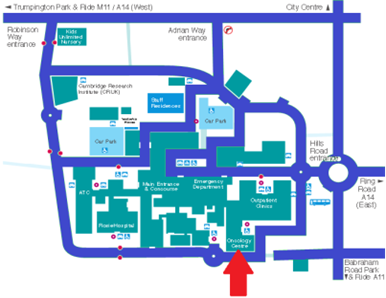 Map of CUH with a red arrow pointing to the oncology and haematology department
