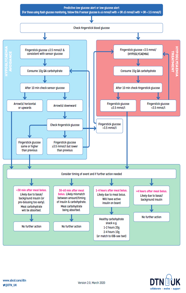 Flowchart showing guidance for managing low glucose alerts, including fingerstick glucose checks, treatment of hypoglycaemia with quick-acting carbohydrate, follow-up monitoring, and actions based on timing after meals and glucose results.