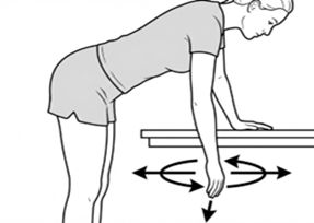 Standing shoulder pendulum exercise, leaning forward with one hand supported on a surface while the other arm hangs and gently swings in different directions.