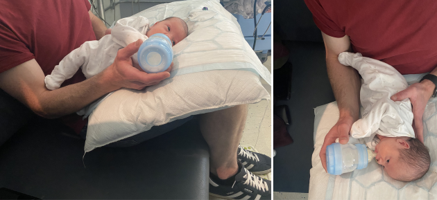 Side-by-side photos of an infant positioned on a large pillow across an adult’s lap. The infant lies on their side while the adult supports the body with one arm and holds a bottle to the infant’s mouth with the other hand during feeding.